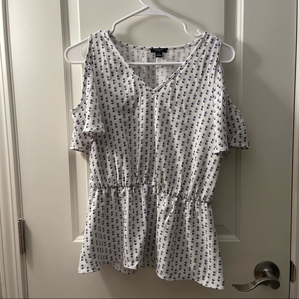Ann Taylor Small Petite Off shoulder blouse, white and blue